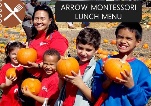 A group of children are holding pumpkins in front of a sign that says arrow montessori lunch menu