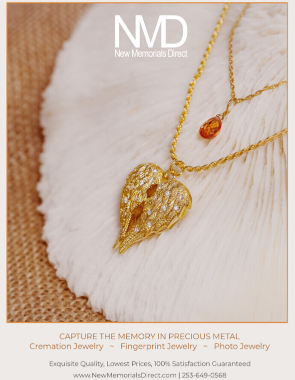 an advertisement for new memorials direct shows two necklaces