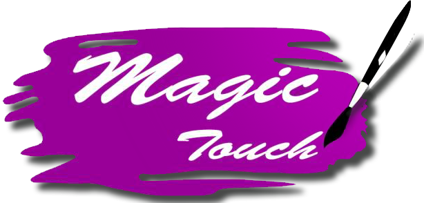 A purple brush stroke with the words magic touch written on it.