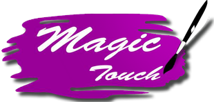 A purple brush stroke with the words magic touch written on it.