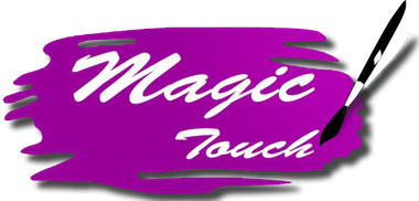 A purple brush stroke with the words magic touch written on it.