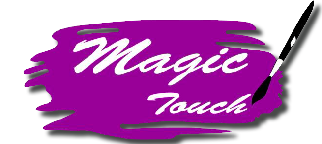 A purple brush stroke with the words `` magic touch '' and a pen.
