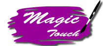A purple brush stroke with the words `` magic touch '' and a pen.