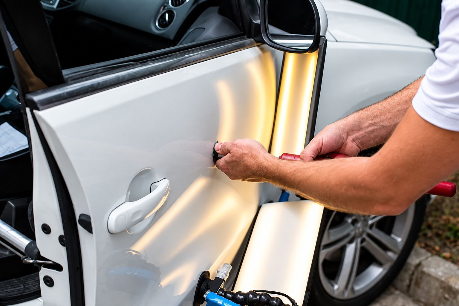 Person applying a glow-in-the-dark door protector to a white car door