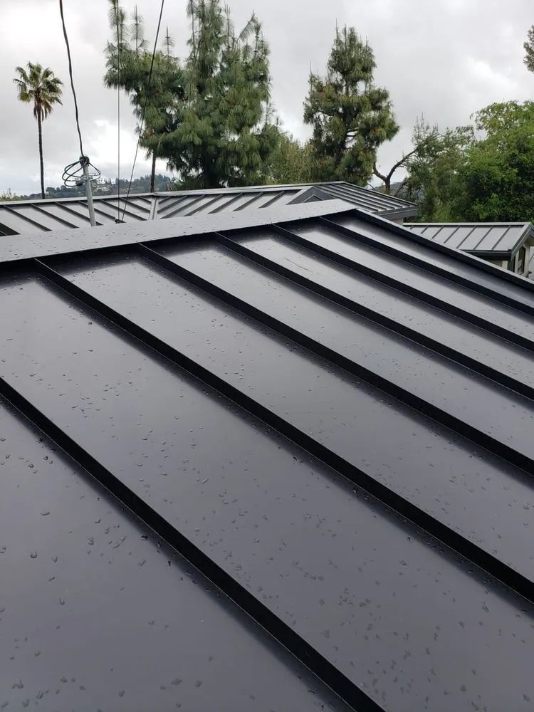Black metal roof panels with raindrops under cloudy sky and trees in the background