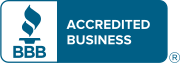 A blue sign that says accredited business with a flame on it.