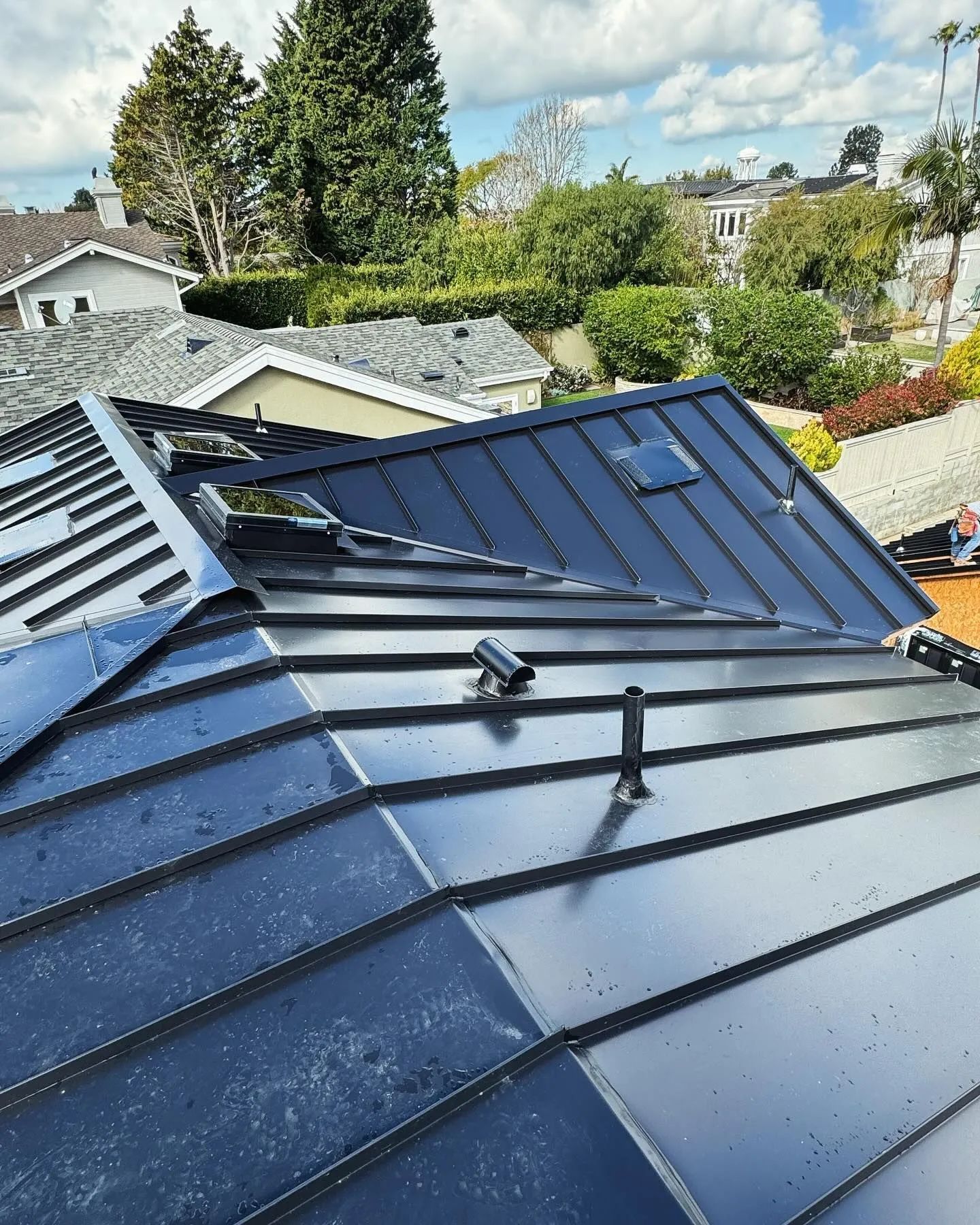 Blue metal roof with skylight panels and vent pipes on a suburban house, with trees and cloudy sky beyond