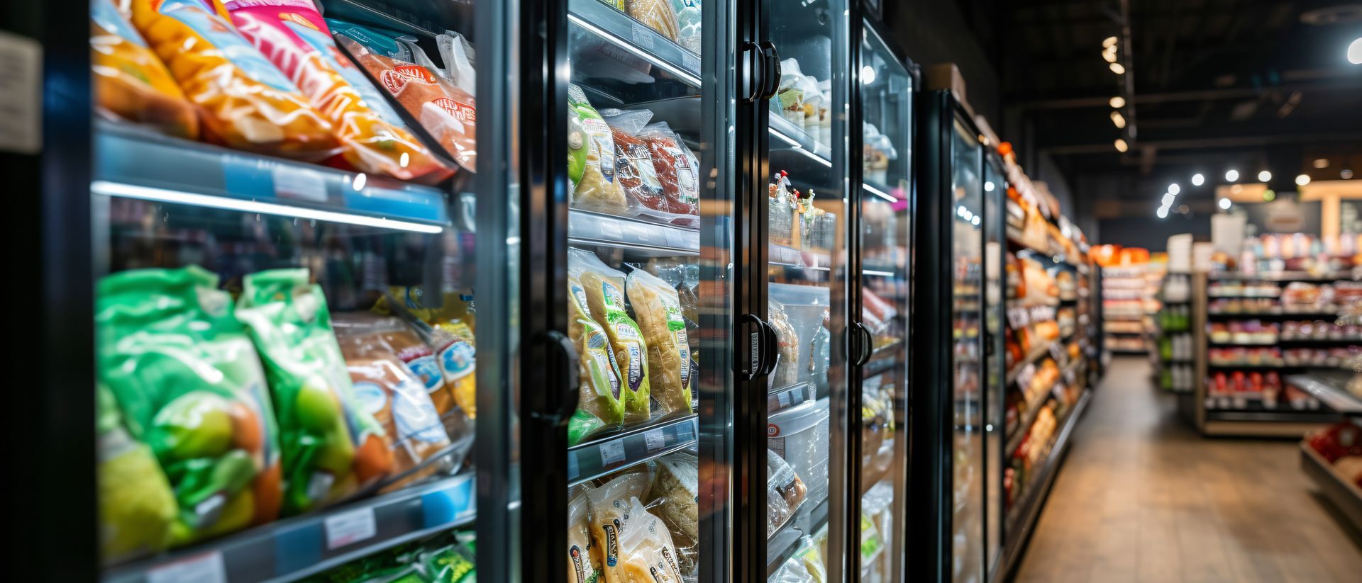 Une rangée de réfrigérateurs dans une épicerie remplie de nourriture.
