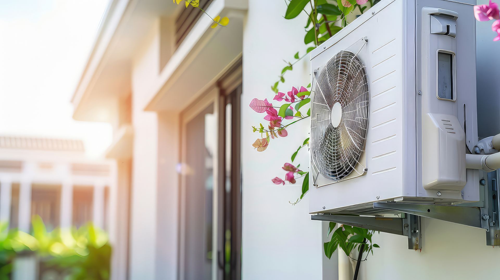 Un climatiseur blanc est monté sur le côté d'un bâtiment.