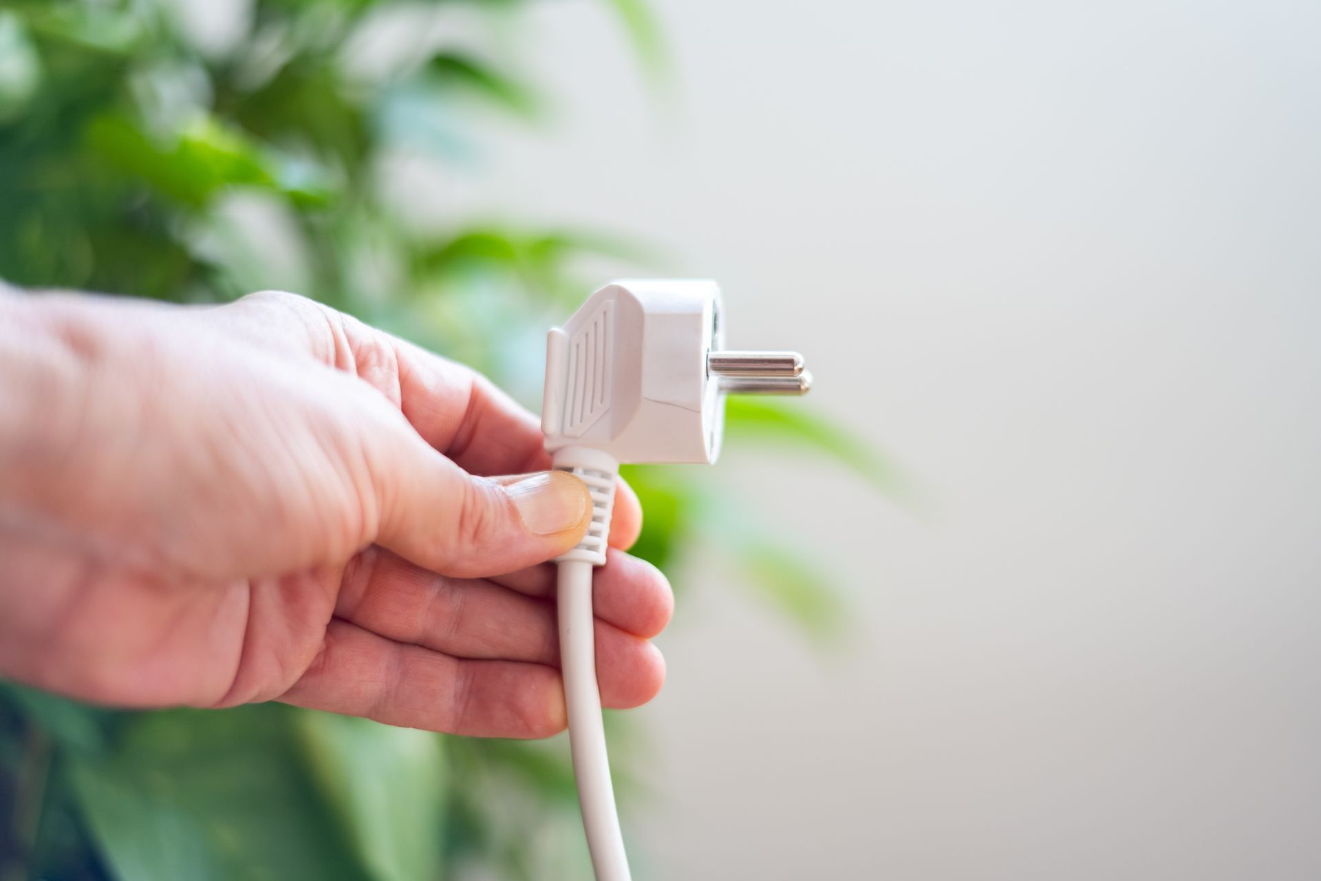 Hand plugging a white electrical cord into a white wall adapter, with a blurred green plant in the background