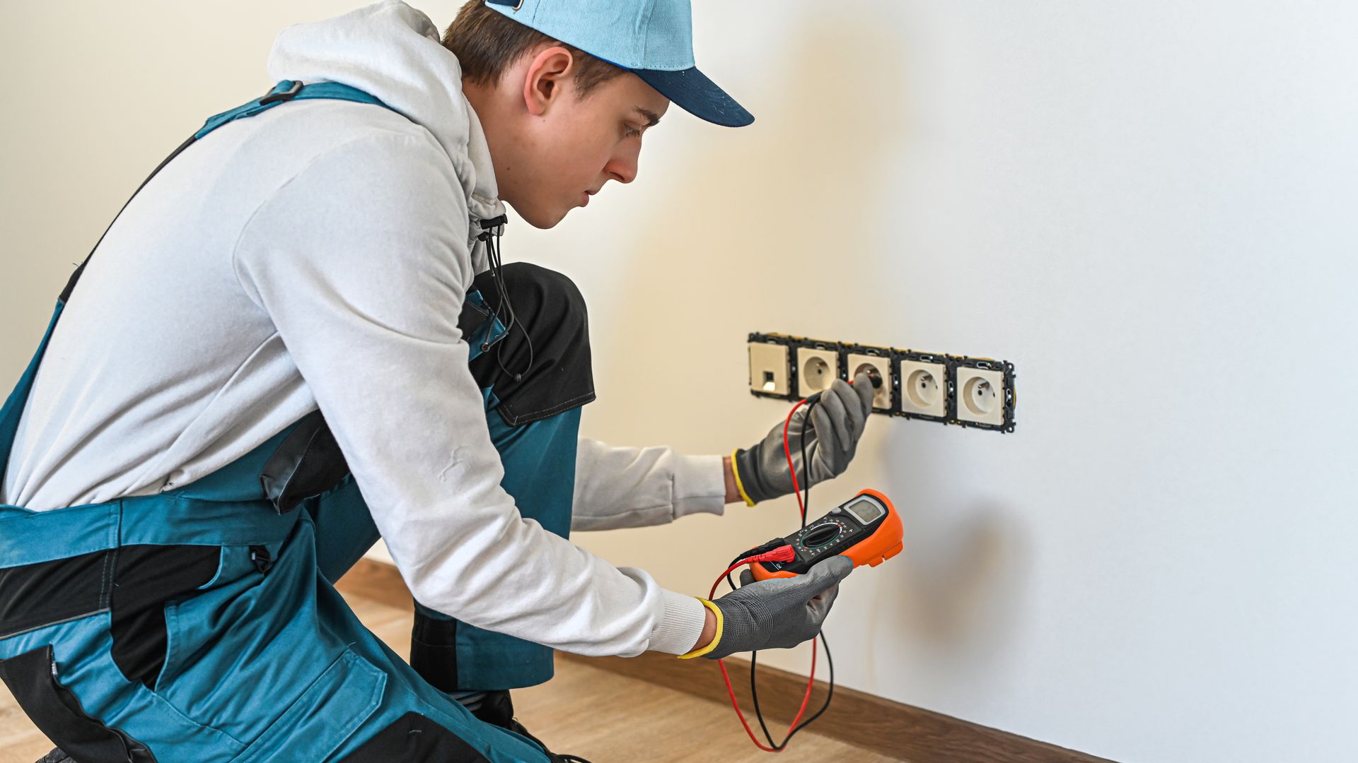 Electrician kneeling by wall outlets, testing wiring with a multimeter during home repair.