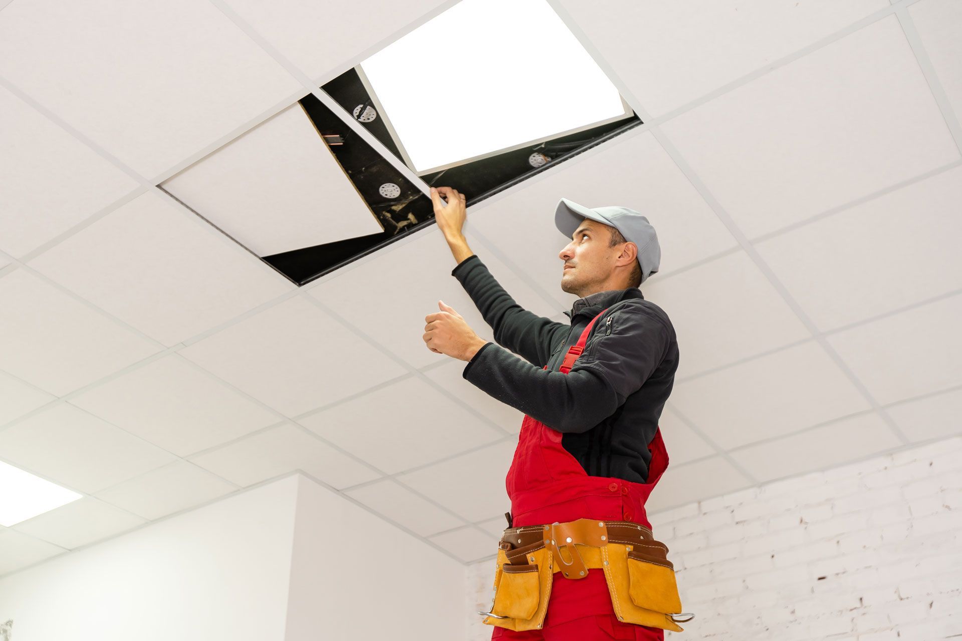 Worker repairing a ceiling tile in a white room, wearing a red vest and gray cap.
