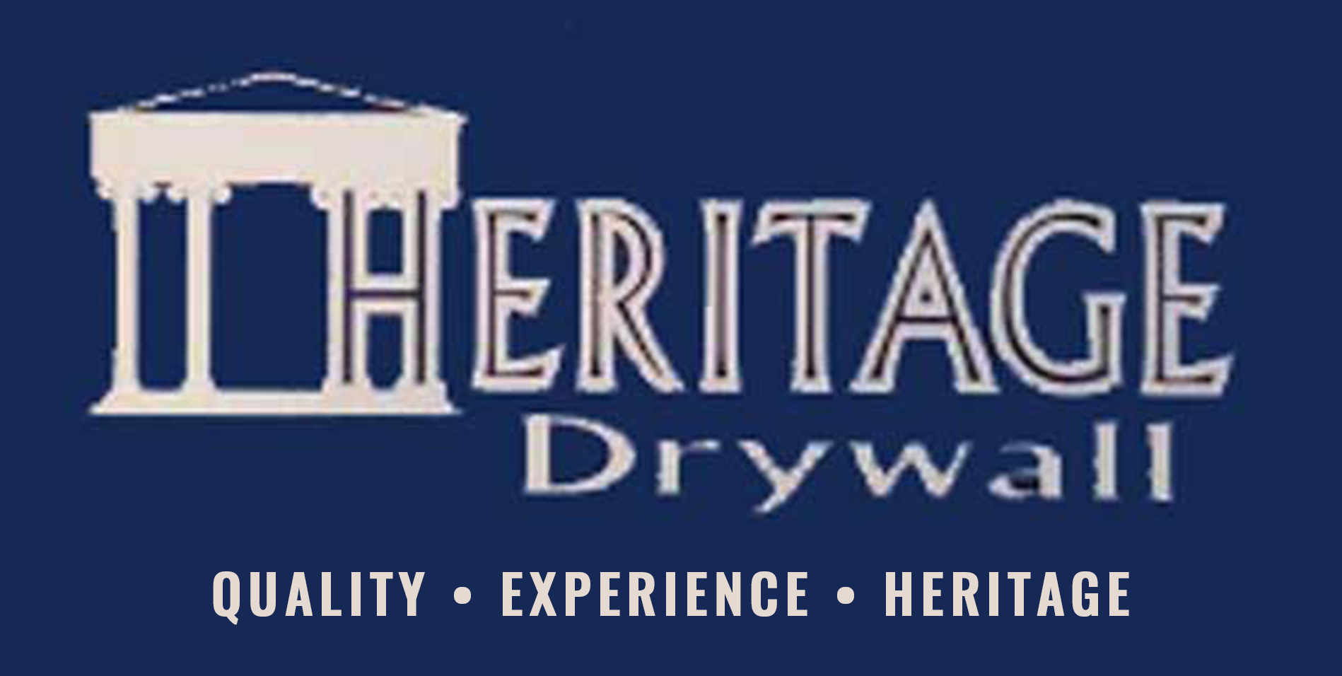 Logo for Heritage Drywall: white Greek-style building image, "HERITAGE Drywall" text, and "QUALITY &bull; EXPERIENCE &bull; HERITAGE" on navy blue.