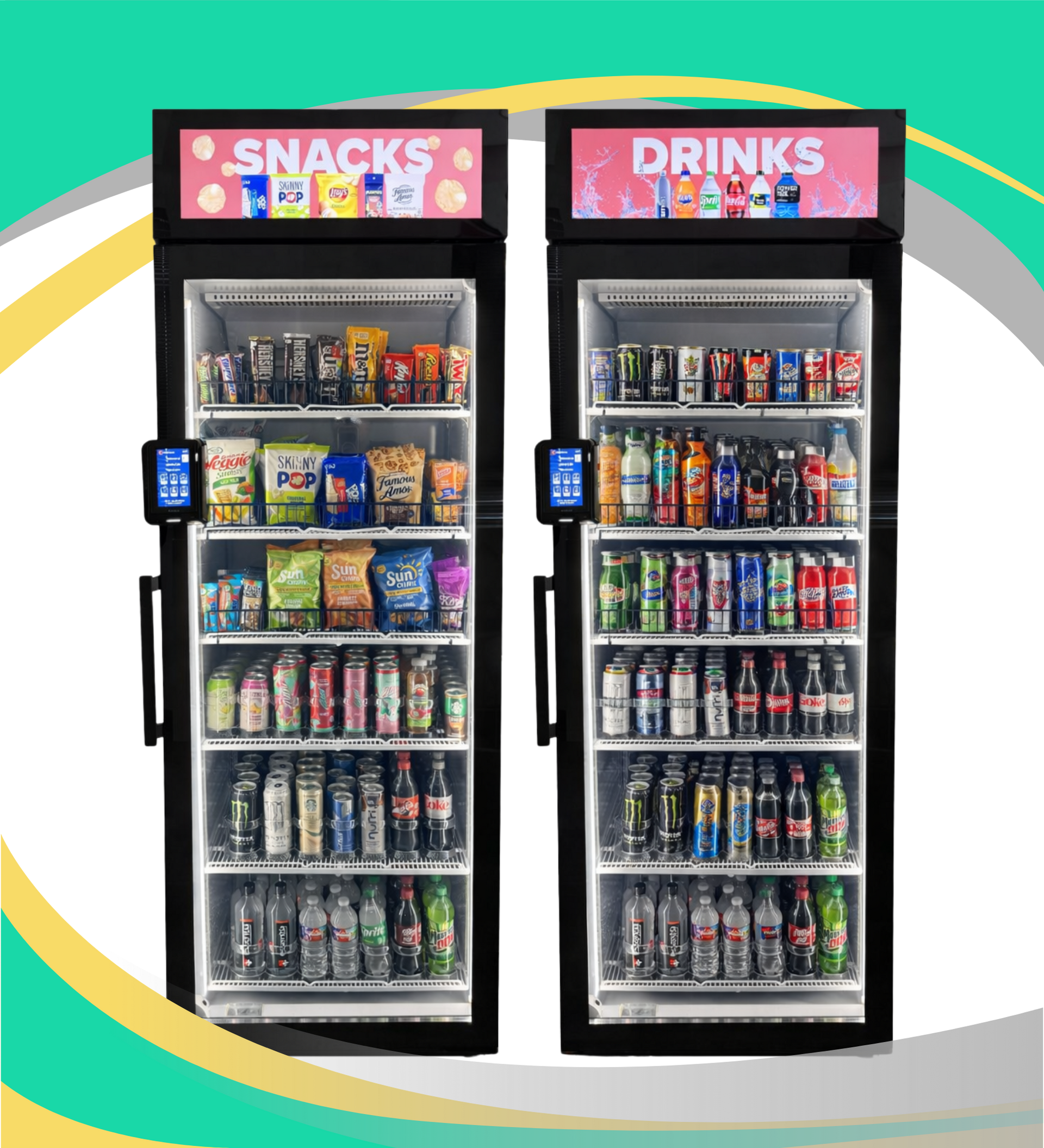 Two glass-front vending machines side-by-side, one labeled 