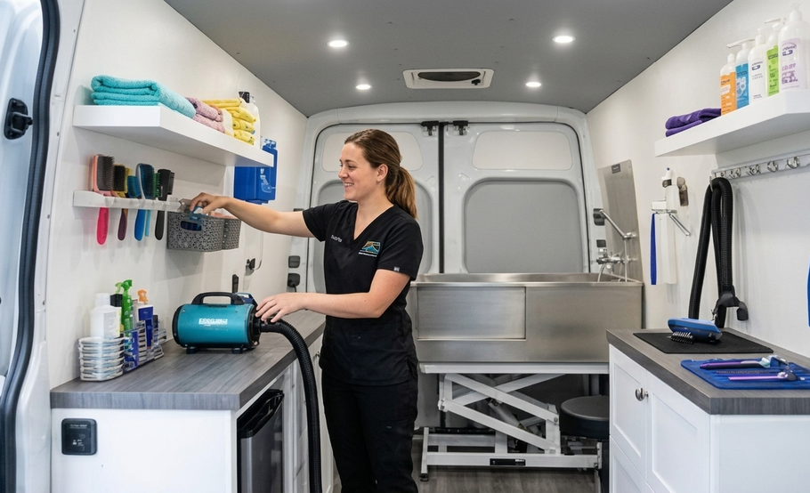 Groomer organizing supplies inside a mobile grooming trailer.