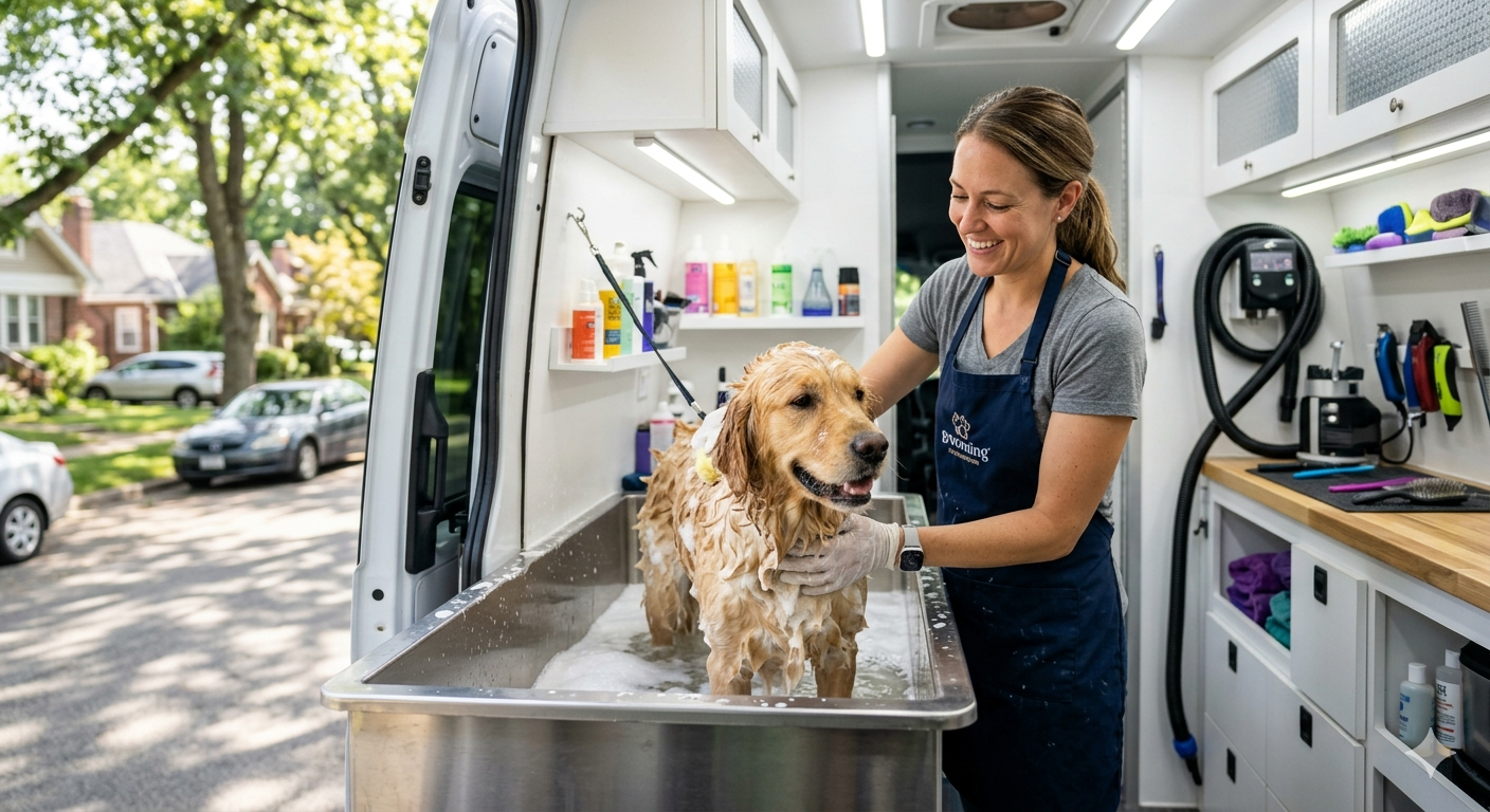 Dog getting a bath inside a mobile grooming van parked outside.