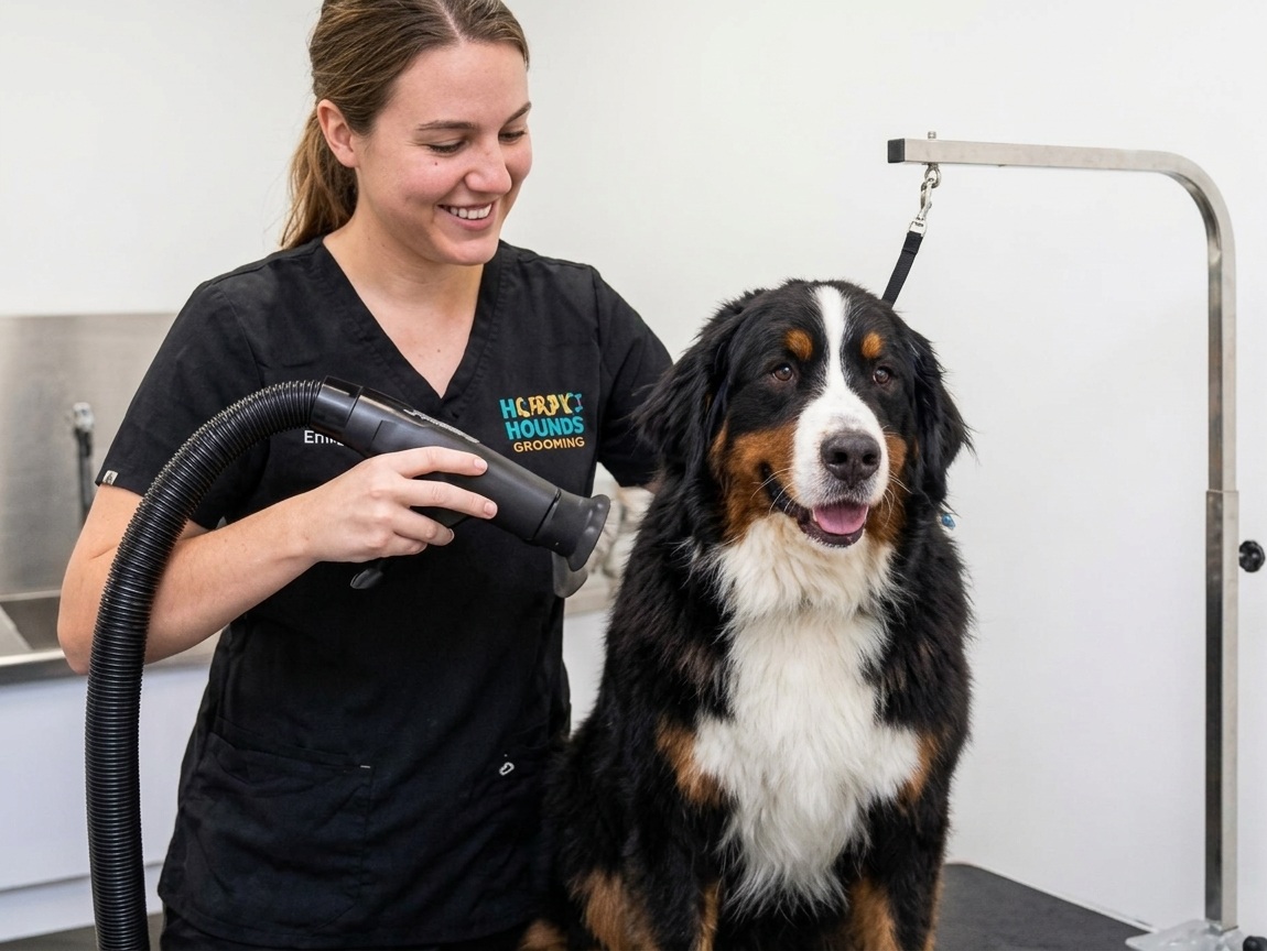 Groomer using a high-velocity dryer on a Bernese Mountain Dog.