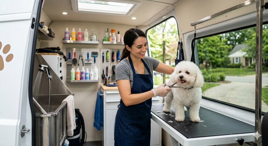 Female groomer working inside a mobile pet grooming van.