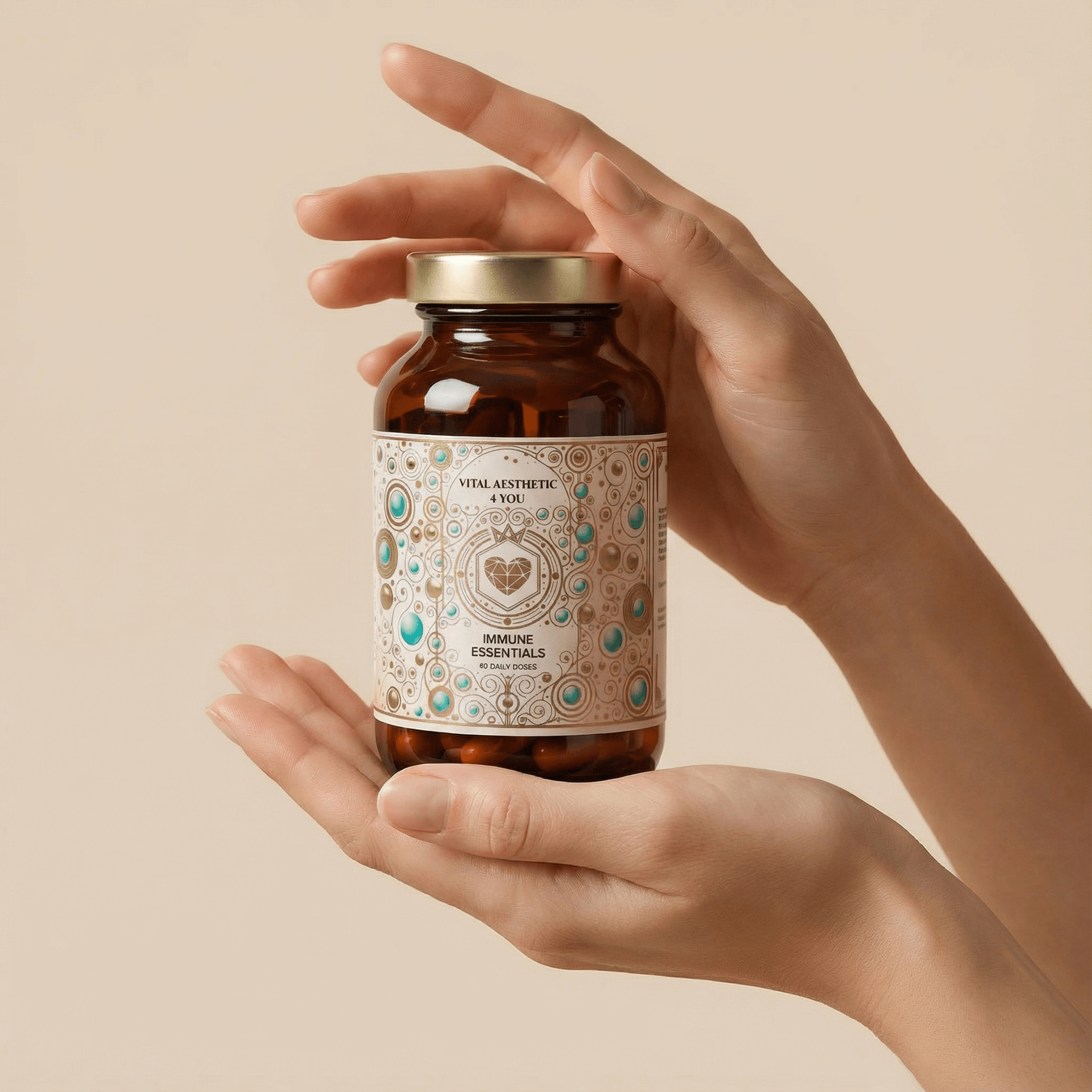 Hands holding a brown glass bottle of pills with a gold lid.