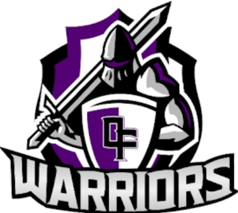 Purple and black Warriors logo with a knight holding a sword and shield marked “CF”
