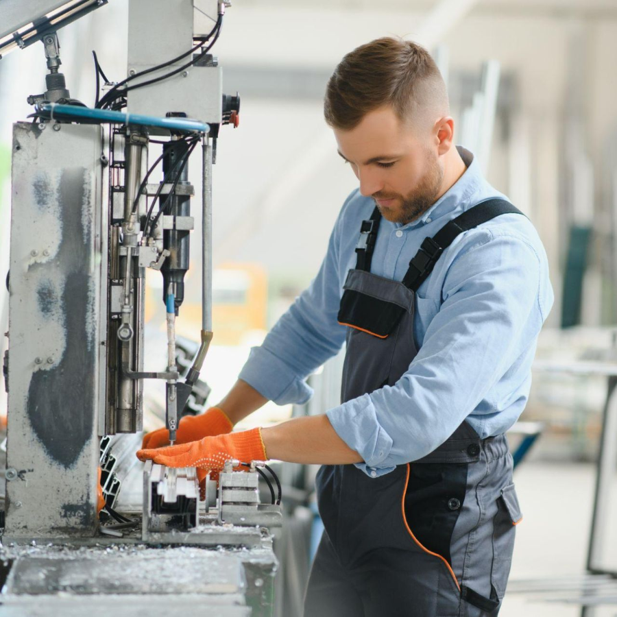 Worker in blue coveralls and orange gloves operating industrial machinery in a workshop