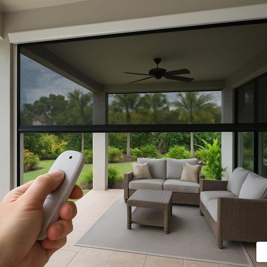 Hand operating a remote control to lower a motorized privacy screen on a luxury outdoor patio with wicker furniture.