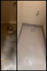 Before and after comparison of a shower stall showing a renovation from old, damaged tile to a clean, gray coating.