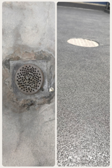 A split view showing a dirty, square floor drain on the left and a clean, circular access cover on a paved surface.