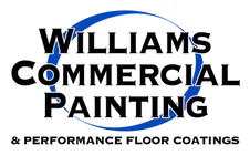Logo for Williams Commercial Painting & Performance Floor Coatings featuring black text inside a blue oval.