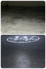 Before and after comparison of a concrete garage floor refinished with a black speckled coating and custom logo.