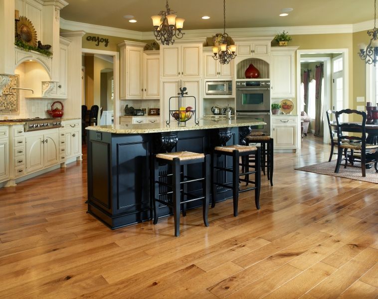 A kitchen with a large island and stools