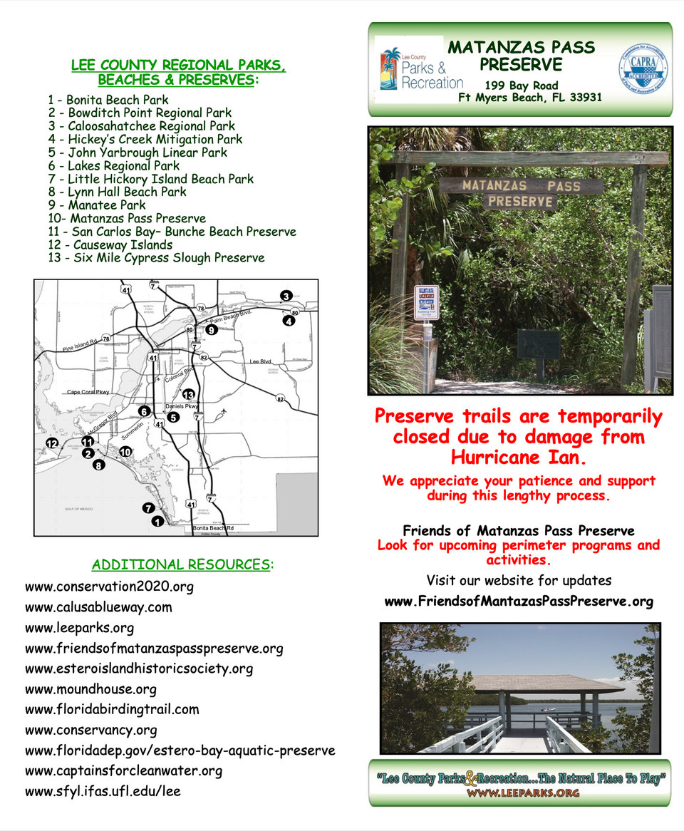 A brochure for mitanzas pass preserve shows a map and a bridge.