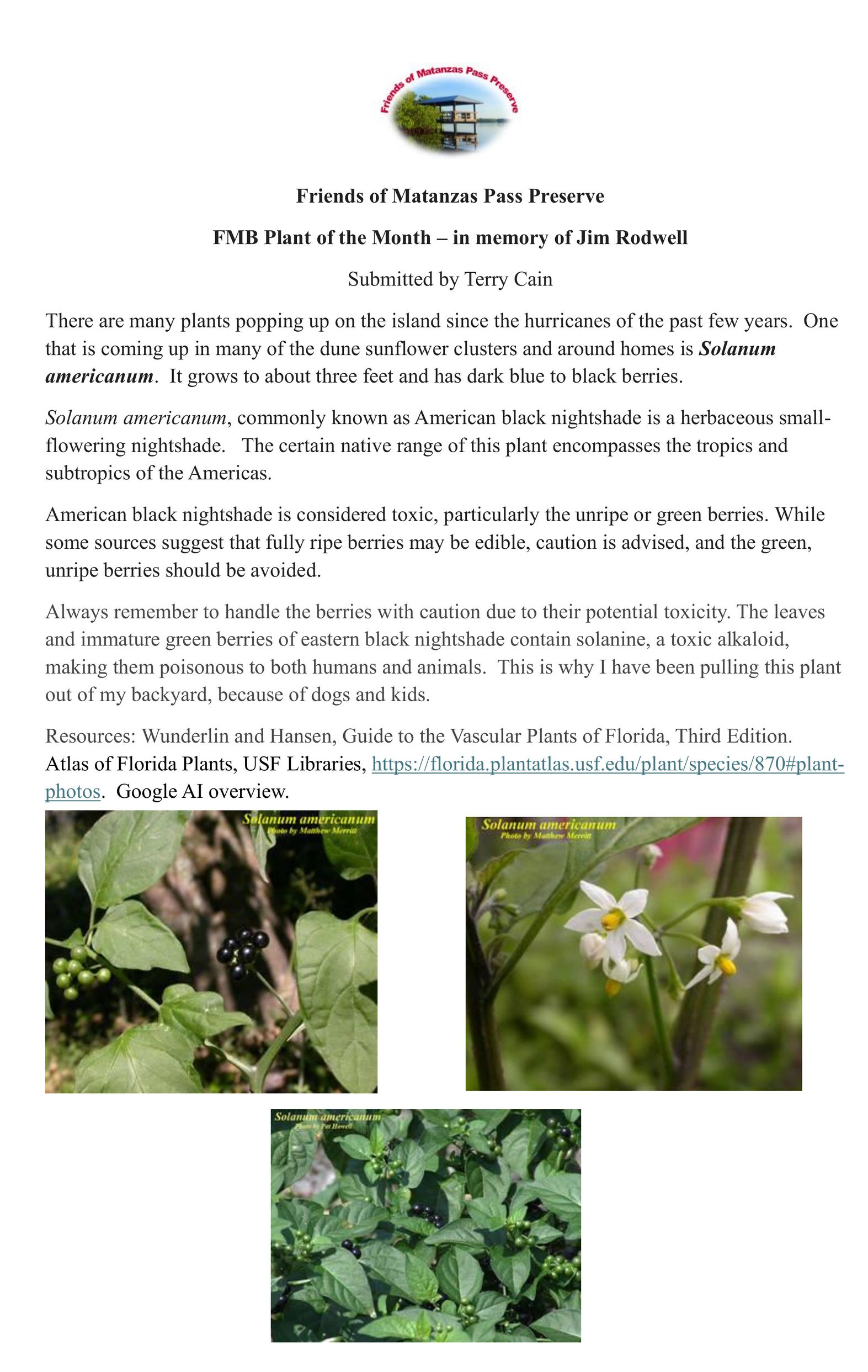 A poster for friends of matanzas pass preserve with pictures of plants.