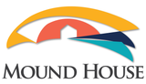 A colorful logo for mound house with a house in the middle