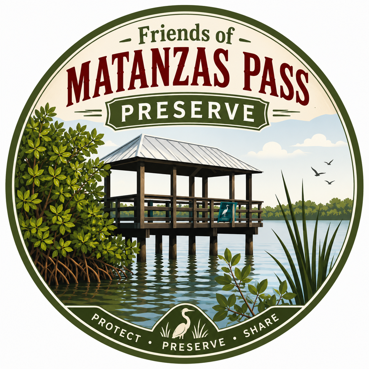 A logo for the friends of matanzas pass preserve with a house in the water