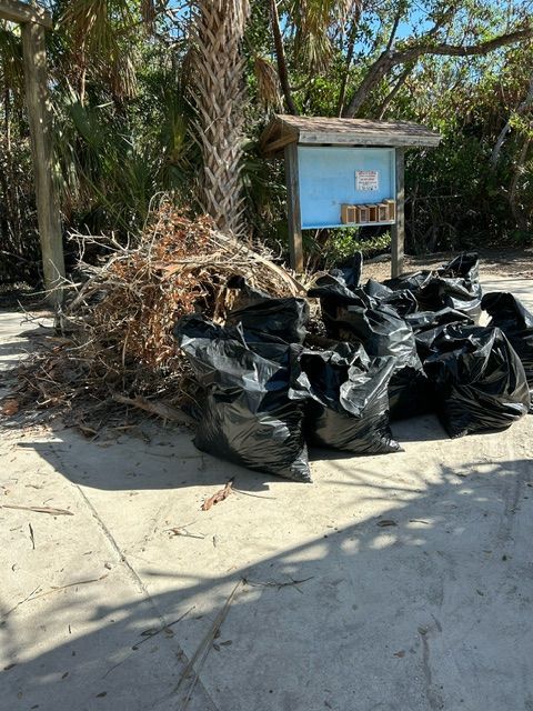 Black trash bags piled by a palm tree and blue sign in a sunny outdoor area