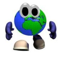 A cartoon globe with big eyes and arms and legs.