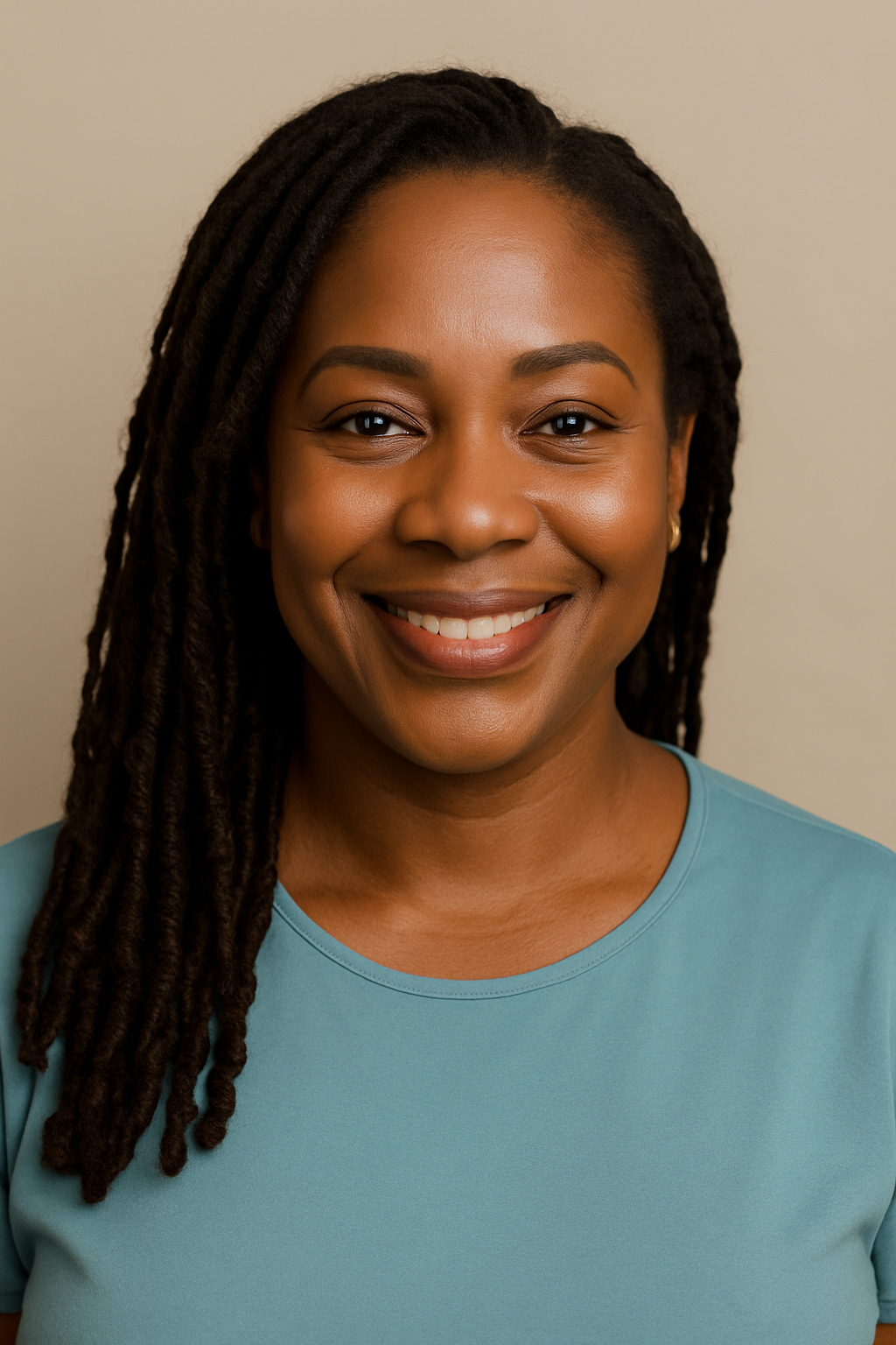 A woman with dreadlocks is smiling for the camera while wearing a blue shirt.