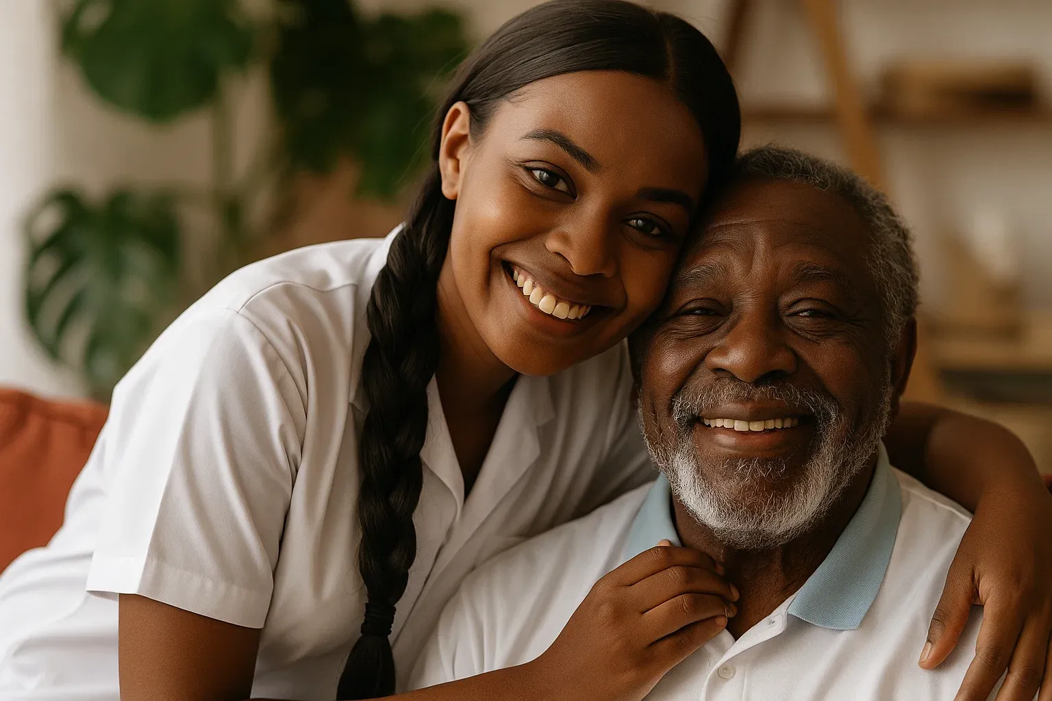 A young woman is hugging an older man and they are smiling for the camera.
