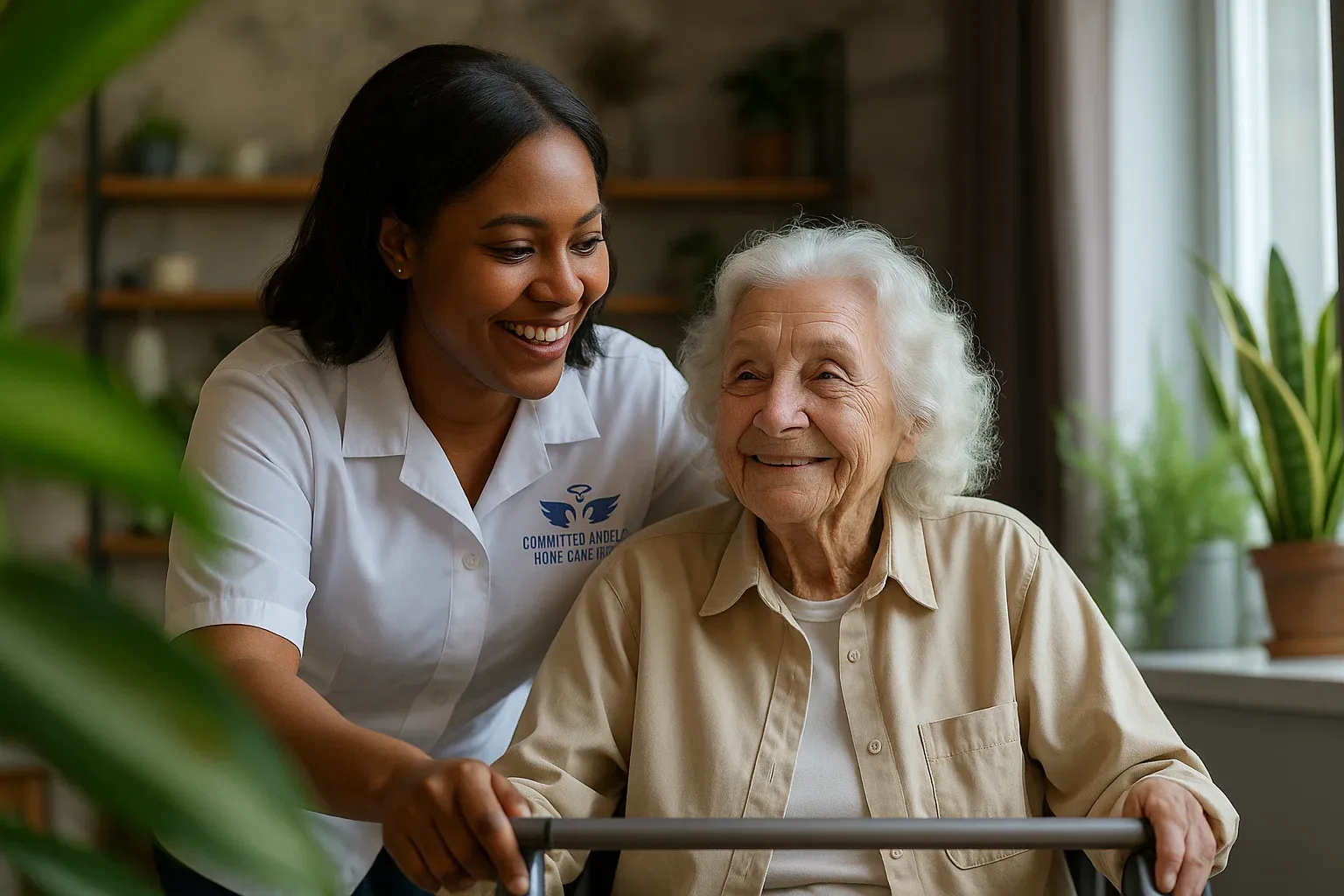 A nurse is helping an elderly woman in a wheelchair.