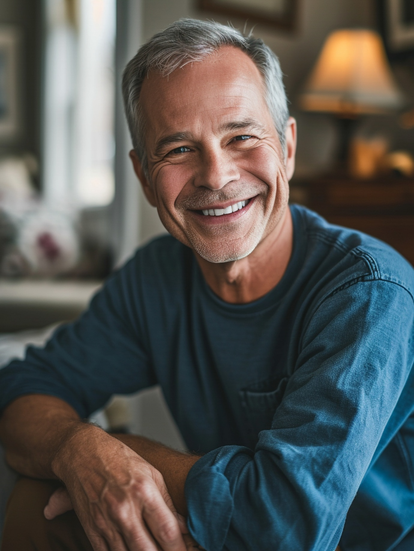 A man in a blue shirt is smiling while sitting at a table.