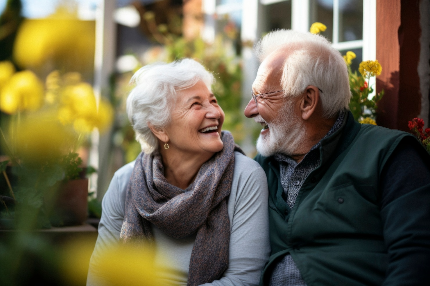 An elderly couple is sitting next to each other and smiling.