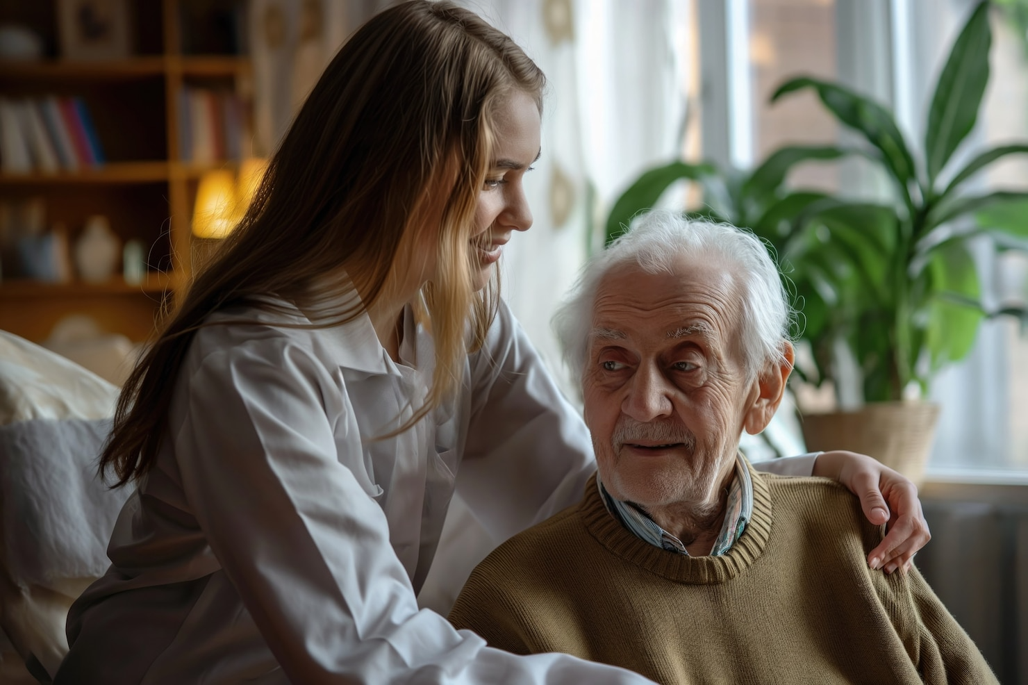 A young woman is sitting next to an older man on a couch.
