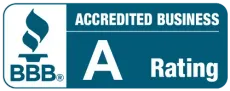 BBB Accredited Business with A Rating badge, blue and white.
