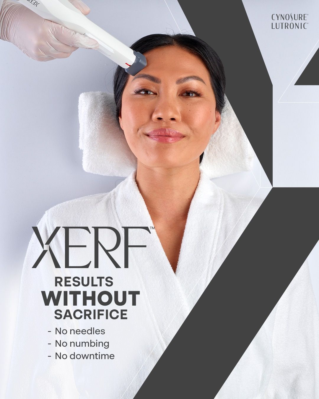 Woman receiving a facial treatment with a handheld device; text reads “XERF Results Without Sacrifice.”