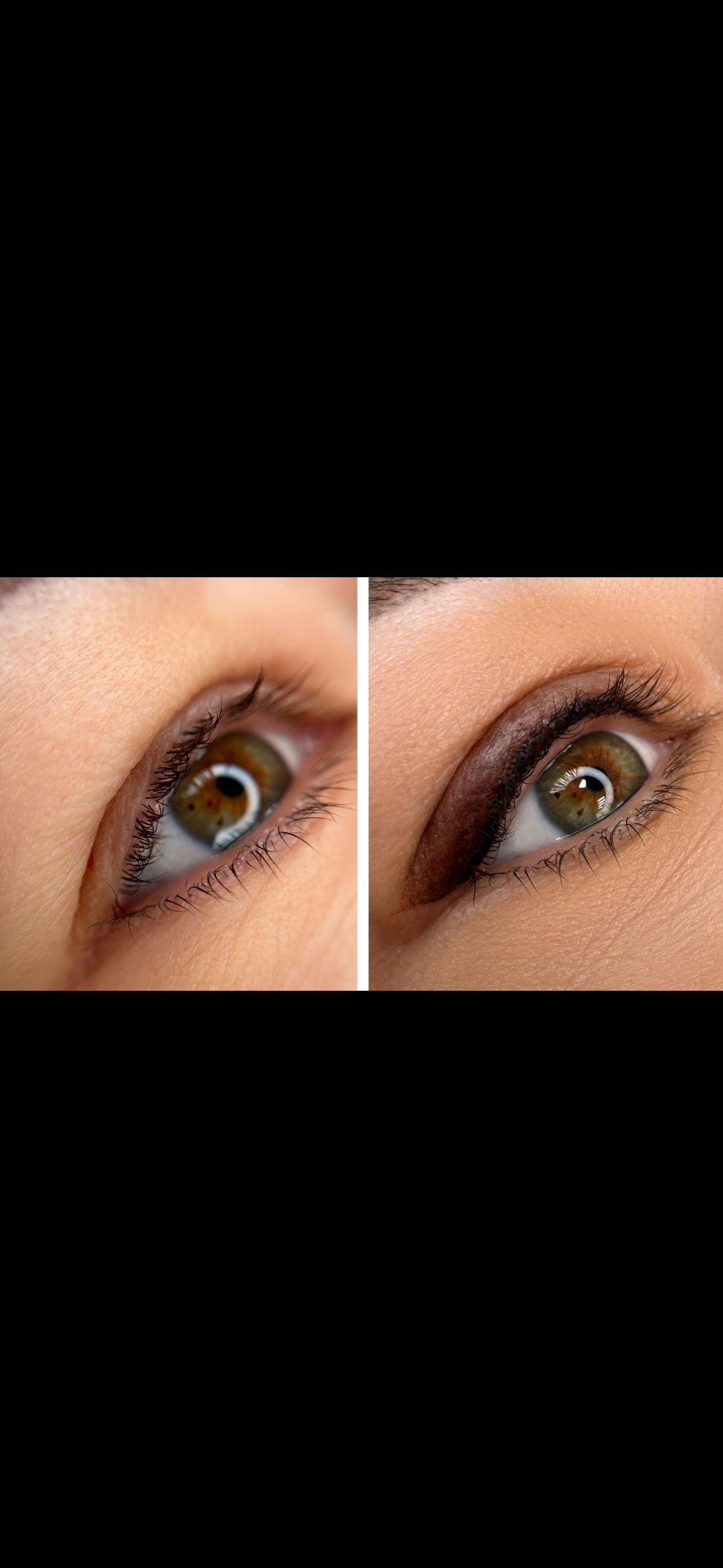 Four close-up eye makeup looks with shaped eyebrows in different colors and styles