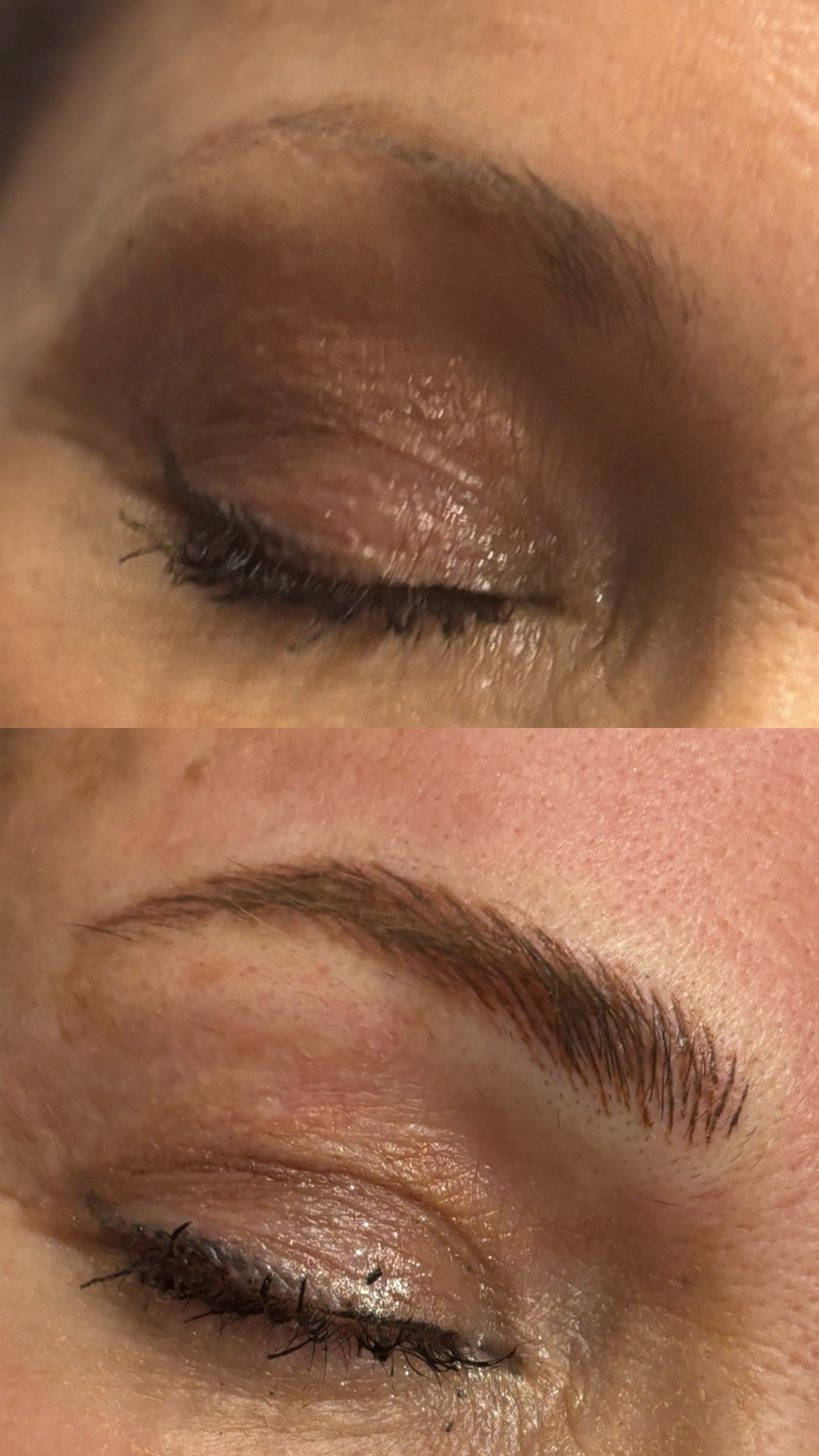 Close-up of a closed eye and eyebrow on a person's face with light skin.