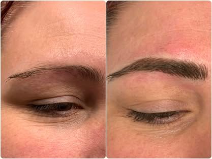 Side-by-side close-up of an eyebrow before and after brow tinting, with the right brow darker and more defined