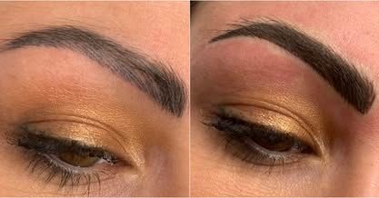 Collage of eyebrow close-ups showing a natural brow shape and makeup application on one eye area