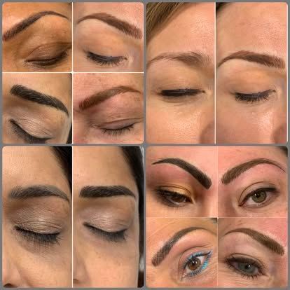 Collage of close-up eyes with various eyebrow shapes, eyeliner, and eyelid makeup styles